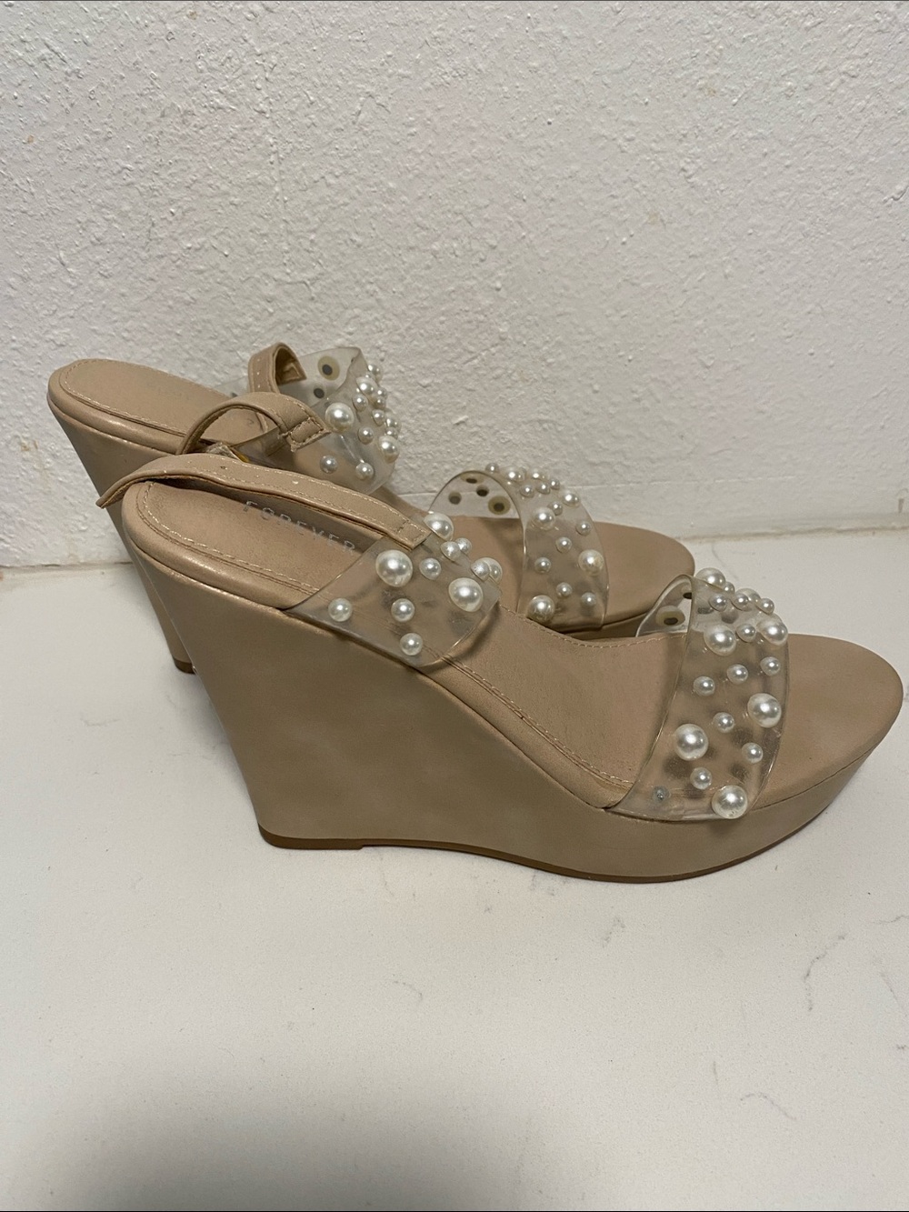 Forever 21 Pearl-Embellished Nude/Tan Wedge Sandals - Women